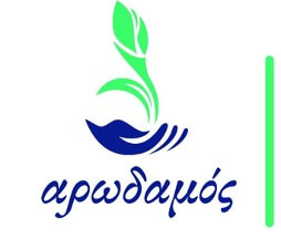 Λογότυπο συνεταιρισμού σε πράσινες και μπλε αποχρώσεις, ένα μπλε χέρι που μέσα από αυτό ανυψώνεται ένα πράσινο λουλούδι