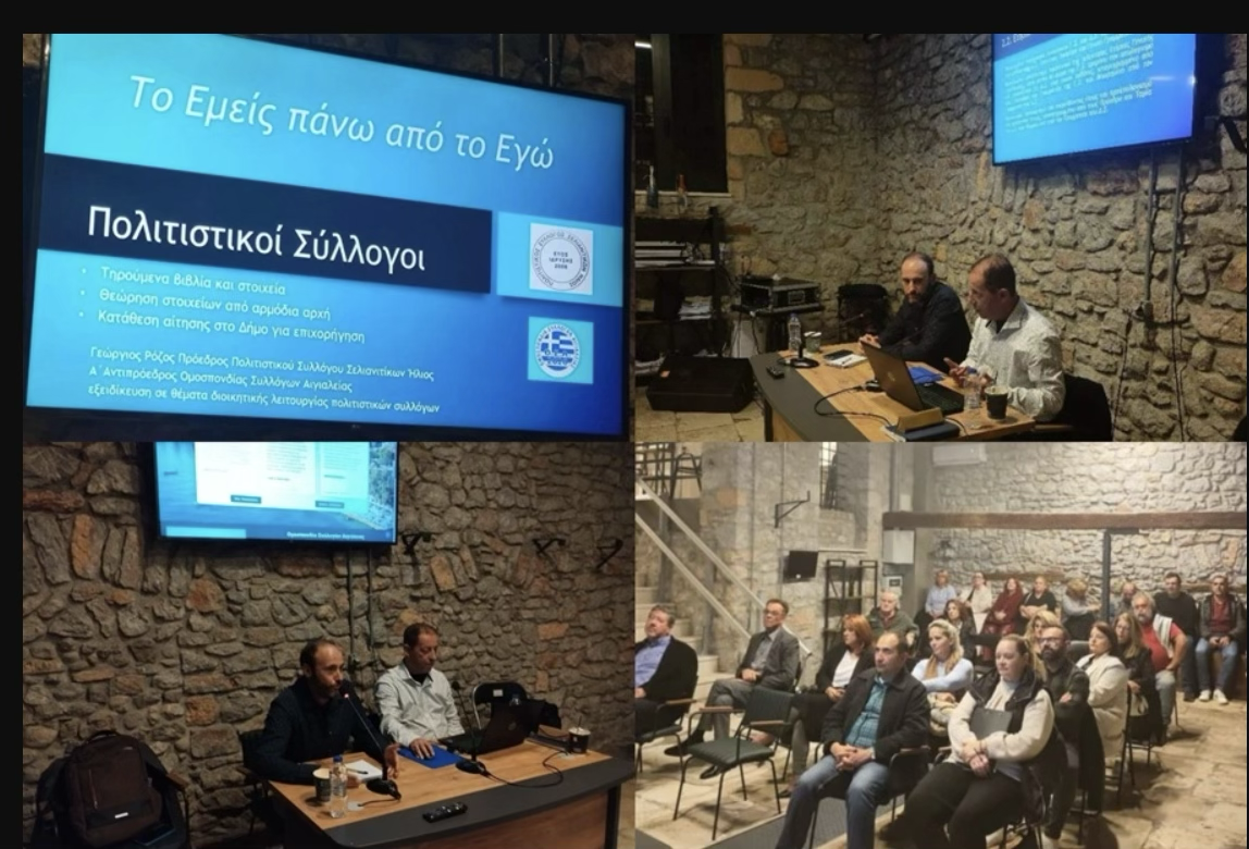 Ομιλία σχετικά με τη σημαντικότητα των συλλόγων απέναντι στην κοινωνία με παρευρισκόμενους να κάθονται σε καθίσματα της αίθουσας.