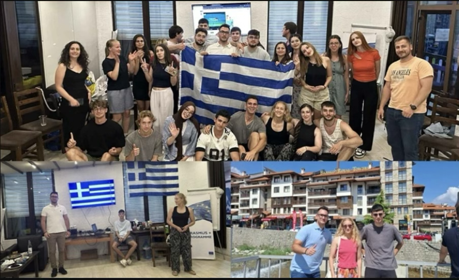Νέοι και νέες που κρατούν ή δείχνουν την ελληνική σημαία σε χώρα του εξωτερικού σε επίσκεψη που πραγματοποίησαν.