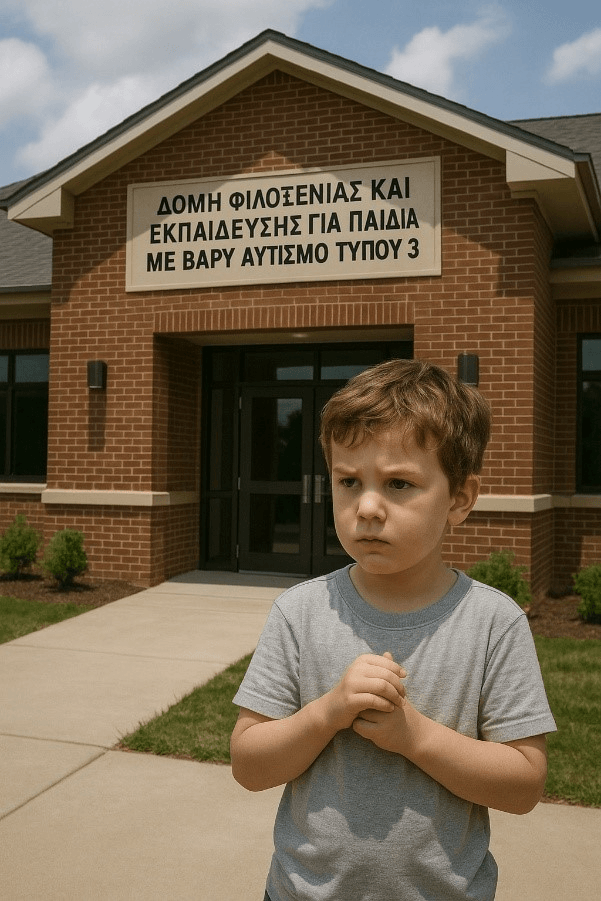 Παιδί με αυτισμό τύπου 3 μπροστά από την δομή φιλοξενίας του σωματείου (περιεχόμενο τεχνητής νοημοσύνης)
