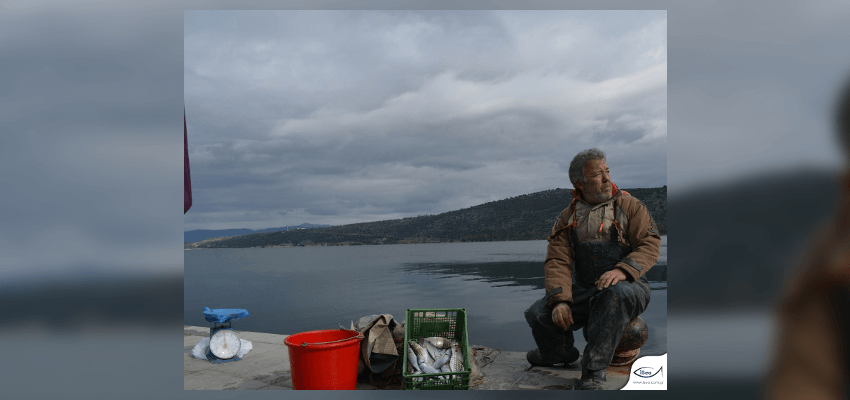 Ένας ψαράς κάθεται στο λιμάνι, με φόντο τη θάλασσα και έχοντας δίπλα του ένα καφάσι με ψάρια, έναν κόκκινο κουβά και μια ζυγαριά