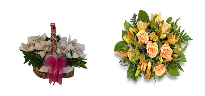 Καλάθι με ορχιδέες για δώρο σε ασυναγώνιστη τιμή και Ανθοσύνθεση από πορτοκαλί και σομόν τριαντάφυλλα και κάλλες σε σούπερ τιμή στο fyta.gr 